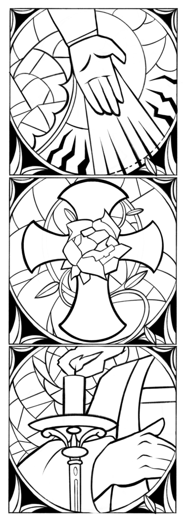 Triptych showing the hands of our blessed Guadalupe Virgin, a Cross with a rose, and a candle with a priest hand.